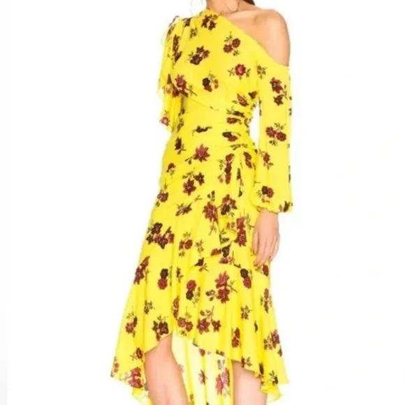 printed summer midi dress Ulla Johnson | Women's Calliope Silk Midi Dress in Yellow Floral Print Cap Sleeve SunDress Size 8 | Evening Dress | Wedding Guest Dresses